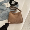 Brown corduroy shoulder tote bag with vertical stripes and front pocket detail - Brown