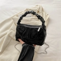 Black ruched handle handbag with marble texture and silver chain strap for women - Black