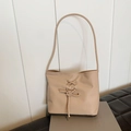 Minimalist apricot PU leather tote bag with lace-up ribbon detail and long shoulder strap - Khaki