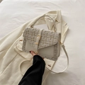 Elegante witte tweed crossbodytas met gouden gesp en een lederen handvat bovenop - Wit