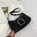 Black marble texture underarm bag for women featuring a large square silver buckle - Black
