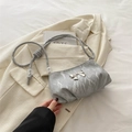 Gray marble pattern shoulder bag with silver metal bow and pleated texture design - Gray