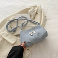 Light blue bow shoulder bag with marbled texture fabric and transparent beads - Blue