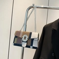 Plaid square crossbody bag with rhinestone buckle and silver chain in brown and blue - Brown
