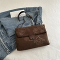 Vintage dark brown corduroy crossbody bag with floral embroidery and gold chain strap - Brown