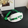 White nylon fanny pack with contrast green woven strap and decorative front buckle - White and Green