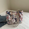 White canvas tote bag with colorful butterfly prints and silver chain strap handles - Butterfly Colorful
