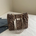 Leopard print canvas tote bag with gold chain shoulder straps and branded label - Leopard Print