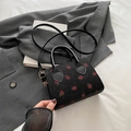 Black corduroy handbag with red strawberry pattern and adjustable shoulder strap - Strawberry Print / Black
