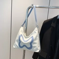 White minimalist tote bag with light blue butterfly patches and silver metal chain strap - White