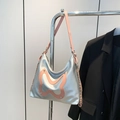 Silver metallic Hobo bag with pink bow butterfly detail and studded leather strap - Silver