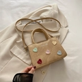 Brown suede handbag with colorful heart patches and white FASHION text detail - Khaki