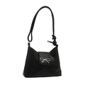 Minimalist black faux leather underarm bag with silver bow accent and knotted strap - Black