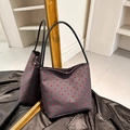 Dark grey canvas tote with red heart embroidery and black leather handle fashion bag - Heart
