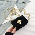 Elegant black velvet square handbag with heart-shaped gold buckle and pearl handle - Black