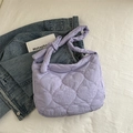 Chic lilac quilted tote bag with heart pattern and unique knotted shoulder strap - Purple