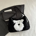 Minimalistische schwarze Totebag mit süßem weißem Schnauzer-Patch und Schultergurt - Schwarz