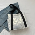Quilted silver metallic tote bag with black nylon straps and large capacity design - White