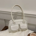 Borsa a mano bianca minimalista in pelle PU con doppie tasche frontali e anelli metallici - Bianco