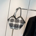 Minimalist grey plaid tote bag with fringe details and black leather handles - Black