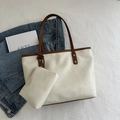 White geometric patchwork tote bag with brown handles and a matching pouch - Off White
