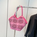 Pink checkered tweed tote bag with fringe detail and slender leather shoulder straps - Rose Red