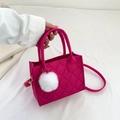 Magenta felt tote bag with diamond lattice pattern and soft plush ball charm - Rose Red