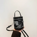 Black cylindrical crossbody bag featuring silver butterfly embroidery and metal zipper - Butterfly Embroidery Style / Black Silver