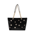 Elegant black velvet tote bag with gold sunflower rivets and metal chain handle - Black