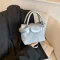 Chic silver metallic quilted small square handbag with fashion branding and dual handles - Silver