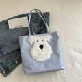 Lichtblauwe PU-lederen draagtas met schattige witte pluchen puppy-patch decoratie - Blauw