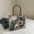 Artistic canvas tote bag with floral oil painting print and braided rope handles - Green