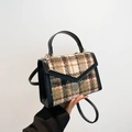 Kleine vintage geruite tweed crossbodytas met zwart leer en gouden metalen sluiting - Bruin