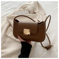 Dettaglio della borsa baguette in pelle marrone scuro con grande fibbia dorata - Marrone