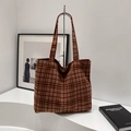 Retro plaid tote bag in orange and blue checkered wool with shoulder strap and button - Red