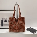 Plaid woolen tote bag in red and blue check pattern with a brown button closure - Brown