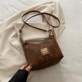 Dark brown pleated hobo shoulder bag with a vintage moon shape and gold letter detail - Coffee without Charm