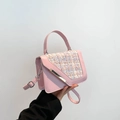 Pink tweed and leather luxury square handbag with golden metal trim and shoulder strap - Pink Style 2