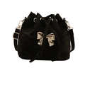 Modieuze zwarte bucket bag met trekkoord en metallic zilveren strik voor dames - Zwart