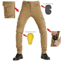Dettaglio dei pantaloni moto kaki con pannelli flessibili sulle ginocchia e protezioni rimovibili - XS / Cachi