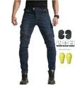 Dettaglio dei jeans da moto blu con ginocchia a pieghe e protezioni interne rimovibili - S / Blu