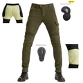 Vista detallada de pantalones de moto verde militar con protecciones CE y bolsillos cargo - XS / Verde Militar
