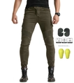 Dettaglio dei jeans da moto verde oliva con soffietto elasticizzato e protezioni ginocchia - 2XL / Verde Militare