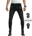 Detail van motorjeans met flexibele knie-shirring en afneembare kniebeschermers - S / Zwart