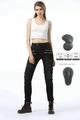 Detail einer schmal geschnittenen Damen-Motorradjeans mit Knieprotektoren und Falten - XS / Schwarz