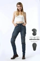 Detail view of women's slim motorcycle jeans with protective knee pads and stretch panels - 3XS / Blue