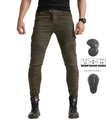 Detail van de legergroene motorjeans met stretchplooien en afneembare kniebeschermers - XS / Legergroen