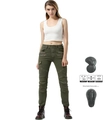 Detail of army green biker jeans with shirring knees and detachable knee protectors - XS / Green