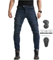 Rechte motorjeans van donkerblauwe denim met kniebeschermers en handige zijzakken op de dij - XS / Blauw