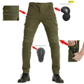 Detail view of military green motorcycle pants with detachable knee and hip protectors - XS / Army Green